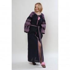 Sale!! Boho Style Ukrainian Embroidered Maxi Dress "Zlata Pink-on-Black" (XL)